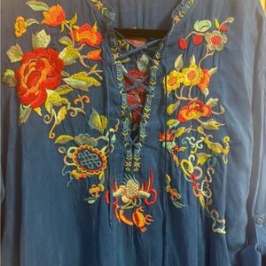 Embroidered Floral Lace-Up Blouse